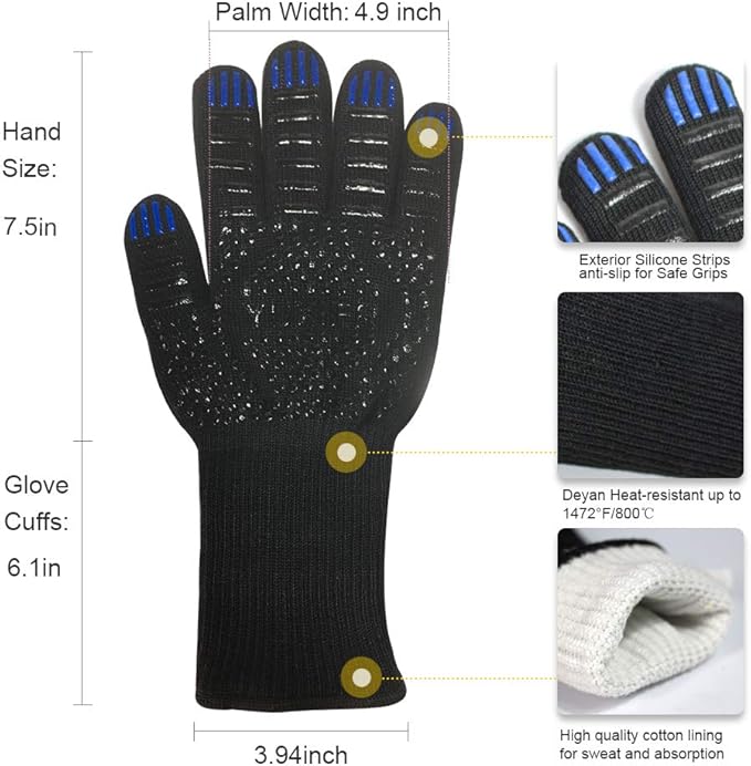 Oven Gloves BBQ Grill Gloves 1472°F Extreme Heat Resistant Oven Mitts for Cooking, Grilling, Kitchen, Smoker Baking, Barbecue, Fireplace, Welding, Cutting (13.8inch, Black Gloves)
