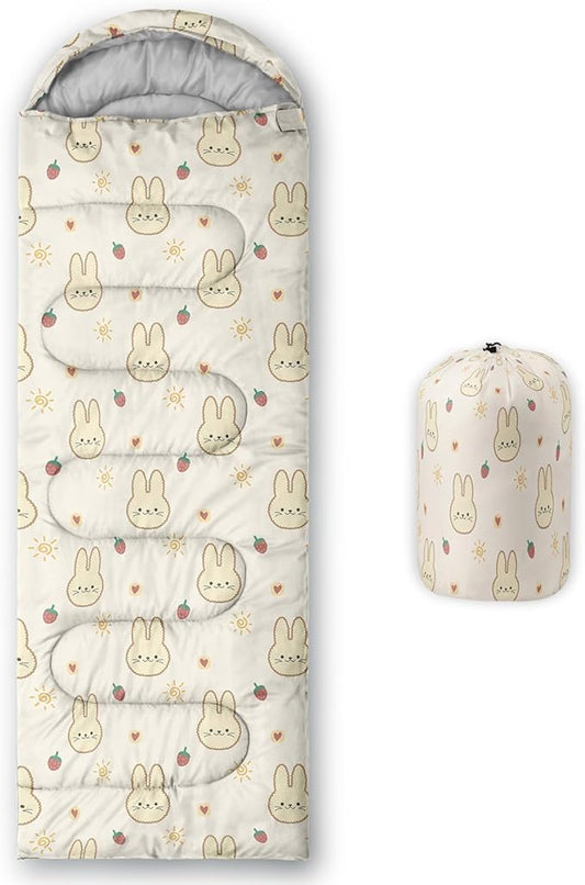 AILONEN Pink Lovely Rabbit Sleeping Bag for Girls Kids Adults,Warm and Cool Weather,Lightweight,Waterproof Backpacking,Cartoon Flowers Printed Bunny Sleeping Bag for Camping