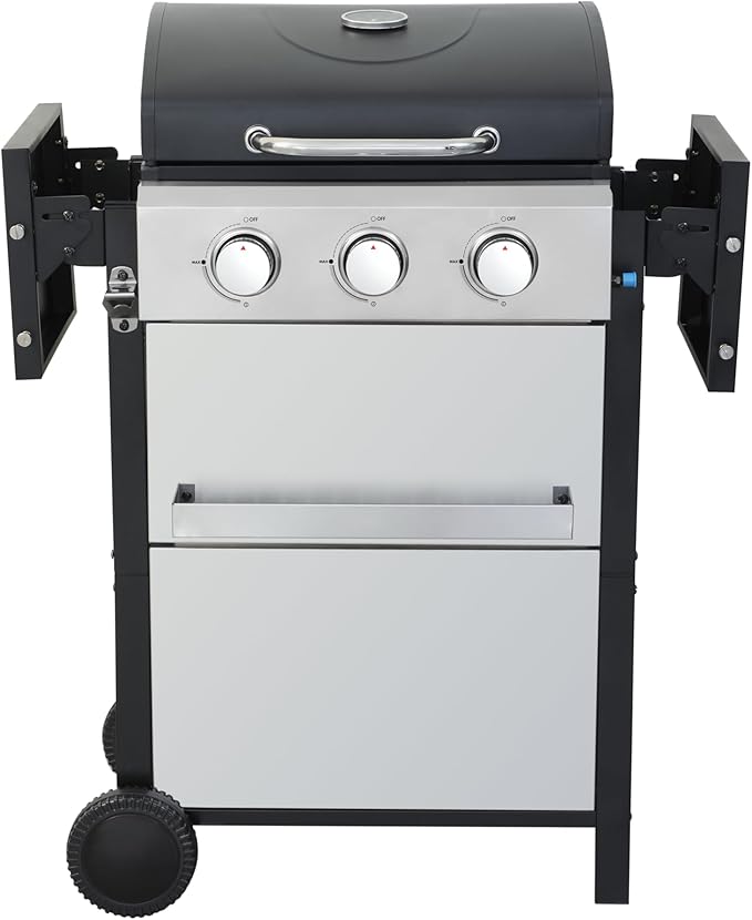 3-Burner Propane Gas BBQ Grill, Stainless Steel 25,650 BTU Output With Wire Enamel Cooking Grids For Outdoor Barbecue, Foldable Side Table, Suitable for Patio,Outdoor Cooking,Black Silver