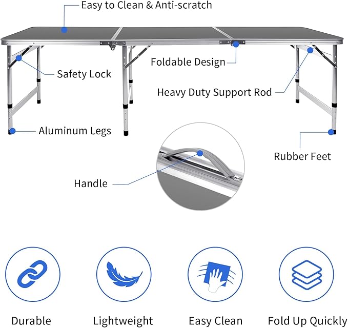 Camping Table 6FT Folding Table Large 3 Adjustable Height Portable Picnic Camp Aluminum Outdoor Table Picnic BBQ Black
