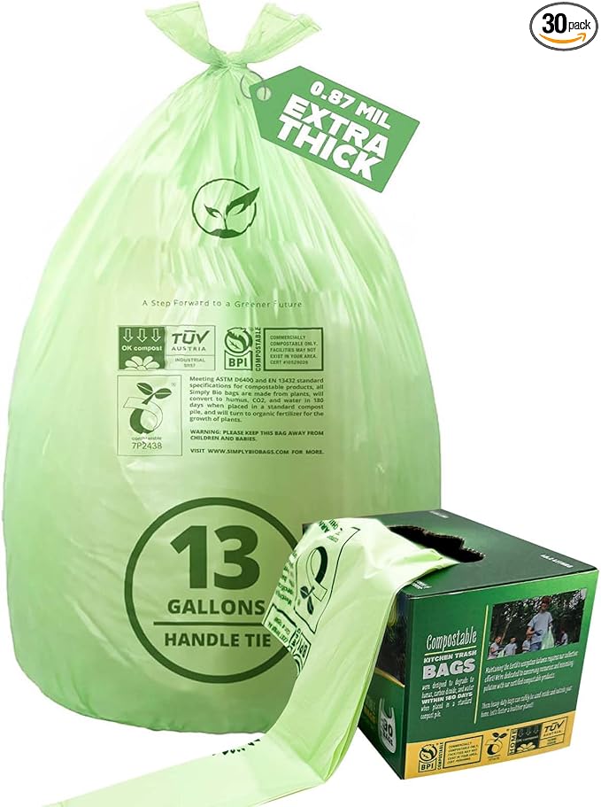 13 Gallon Compostable Trash Bags with Handle-Tie, Thick 0.87 Mil, 49.21 Liter, 30 Bags, Tall Kitchen Food Scrap Waste Bag, ASTM D6400, US BPI and OK Compost Home Certified