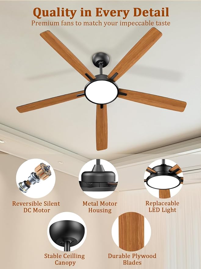 TALOYA Large Ceiling Fans with Lights and Remote, Reversible Quiet DC Motor, 6 Speeds, 3CCT, Dimmable, 62 inch Black Modern Ceiling Fan for Patios, Living room, Bedroom, Farmhouse, Indoor, Outdoor
