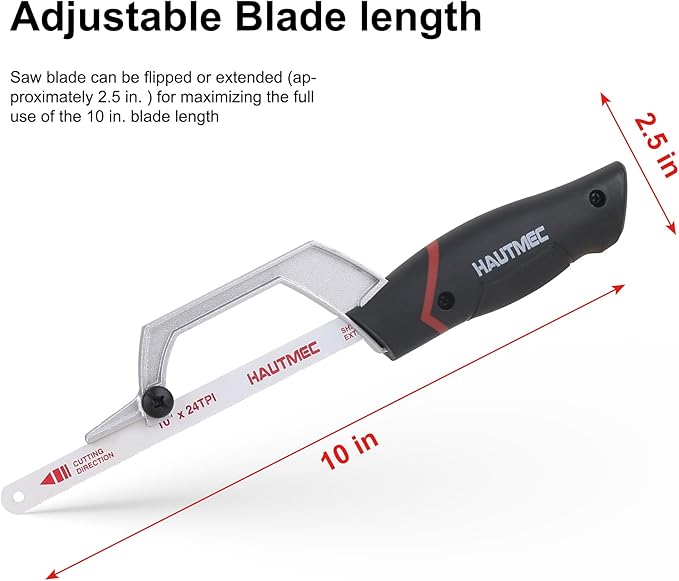HAUTMEC Mini Hacksaw, 10" Compact Hacksaw with Cutting Guide Design, Tool-Free Blade Change, Compatible with 10"/12" Blades, Lightweight Hack Saw for Metal, PVC & Wood Cutting – HT0426