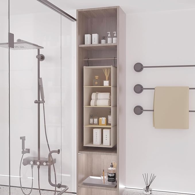 Hanging Closet Organizer and Storage, Foldable 4-Shelf Wardrobe Clothes Shelves Organizer, Imitation Linen Fabric, Beige Houndstooth