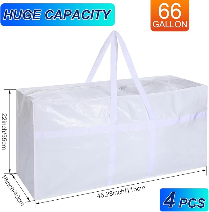 4 Pcs 66 Gallon Large Moving Bags with Zipper and Handles Foldable Storage Duffle Bags Heavy Duty Extra Large Totes for College Dorm Travel Clothes Blankets Bedding Moving(White)
