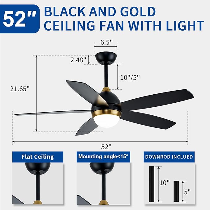 Black and Gold Ceiling Fan with Lights,52 Inch Ceiling Fans,6 Speeds,3 Color,Quiet DC Motor,Ceiling Fan with Remote Control for Bedroom Living Room Patio Kitchen