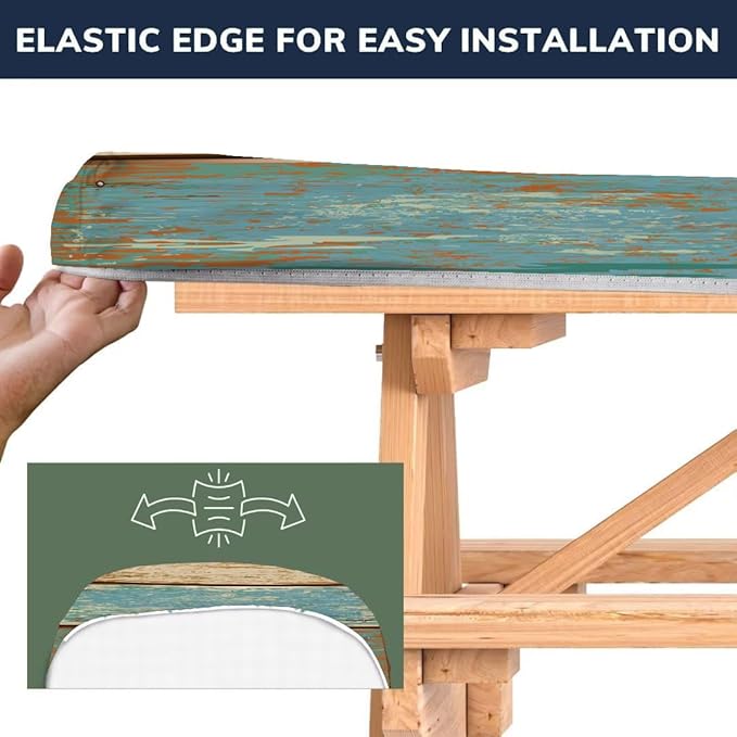 CAPSCEOLL Elastic Picnic Table Cover with Bench Covers 5Ft Waterproof Fitted Picnic Table Cover Cloths for Outdoors Camping Tablecloth with Drawstring Bag, 60X30in, Blue Brown Wood