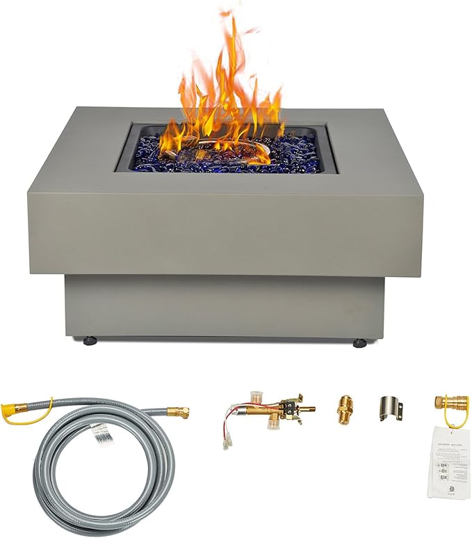 32.5-inch Fire Table with Natural Gas Conversion Kit, 50,000BTU Outdoor Modern Patio Fire Pit Table w/Square Burner Lid, Glass Rocks, Cover