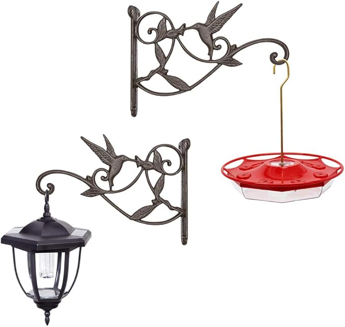 Hanging Plant Hook Bracket - Wrought Iron Metal Hummingbird Hanger Holder for Flower Basket Planter Bird Feeder, Windchimes, Wood Fence Posts Black 2packs