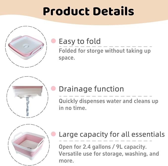 Collapsible Wash Basin for Baby Bottles - 2.4 Gallons Portable Wash Bin for RV Camping Sink, Space-Saving Dish Tub (Pink)