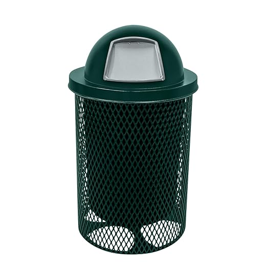 Coated Outdoor Furniture 32-Gallon Heavy-Duty Expanded Metal Round Trash Receptacle, Commercial Outdoor Waste Bin with Liner & Dome Lid – Made in America (Textured Dark Green)