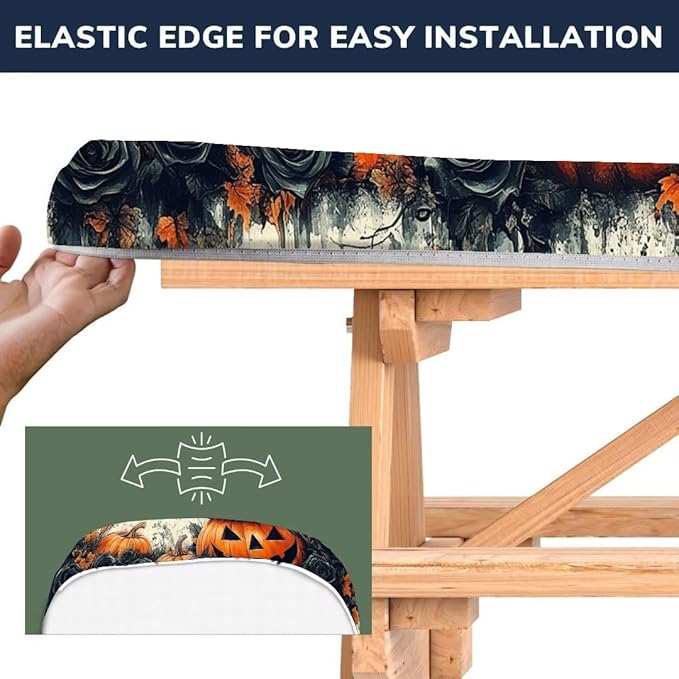 CAPSCEOLL Elastic Picnic Table Cover with Bench Covers 5Ft Waterproof Fitted Picnic Table Cover Cloths for Outdoors Camping Tablecloth with Drawstring Bag, 60X30in, Halloween Pumpkins