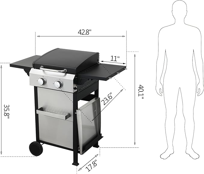 2-Burner Portable Propane Gas Grill with Stainless Steel Plancha Griddle - 24600 BTU Outdoor BBQ Grill with Foldable Side Shelves, Enamel Cooking Grids & Tool Hanging Basket
