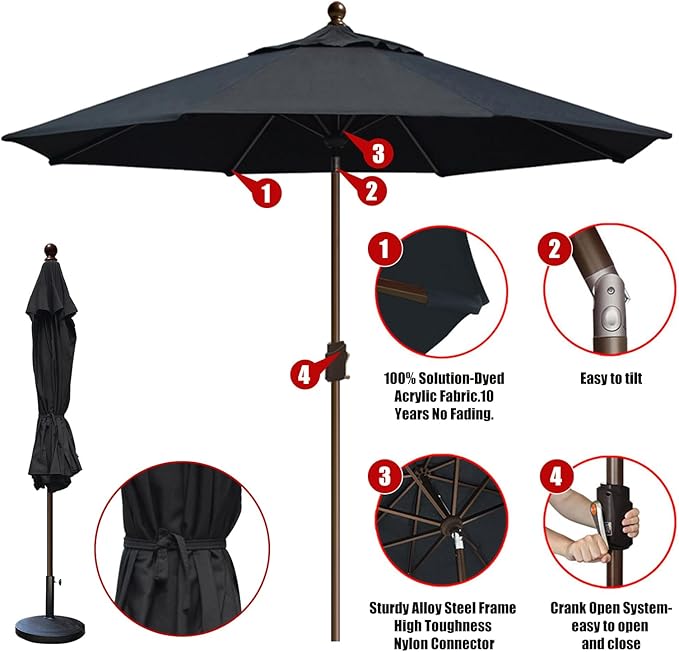 EliteShade USA 10-Year-Non-Fading 10Ft Market Umbrella Patio Umbrella Outdoor Table Umbrella with Ventilation, Black