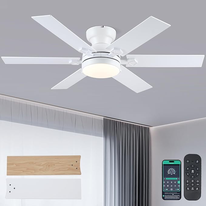 46" White Low Profile Ceiling Fans with Lights,Modern Flush Mount Ceiling Fans with Reversible DC Motor,Dimmable 3 Colors 6 Speeds