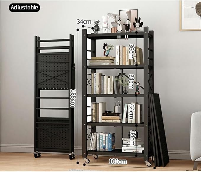 4-Tire Storage Rack, Height Adjustable, 40 * 13 * 61in Foldable Metal Garage Storage Shelves Organizer, Portable Metal Kitchen Shelving, Closet Shelving Unit Bakers Rack (Black 5 Shelfs)