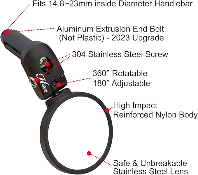 Hafny Bar End Bike / Bicycle Mirror, Stainless Steel Lens , Safe Adjustable Rearview Cycle / E-bike Mirror, HF-MR083 (Black 62mm)