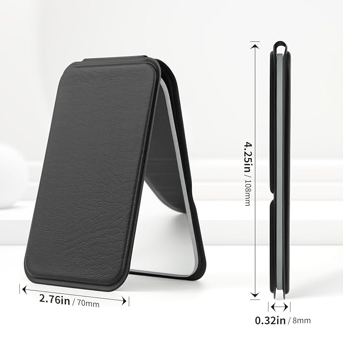 DUcare Mini Folding Mirror Portable Travel PU Portable Adjustable Rectangular Ultrathin Vanity Mirror with Stand, for Travel, Camping,Home