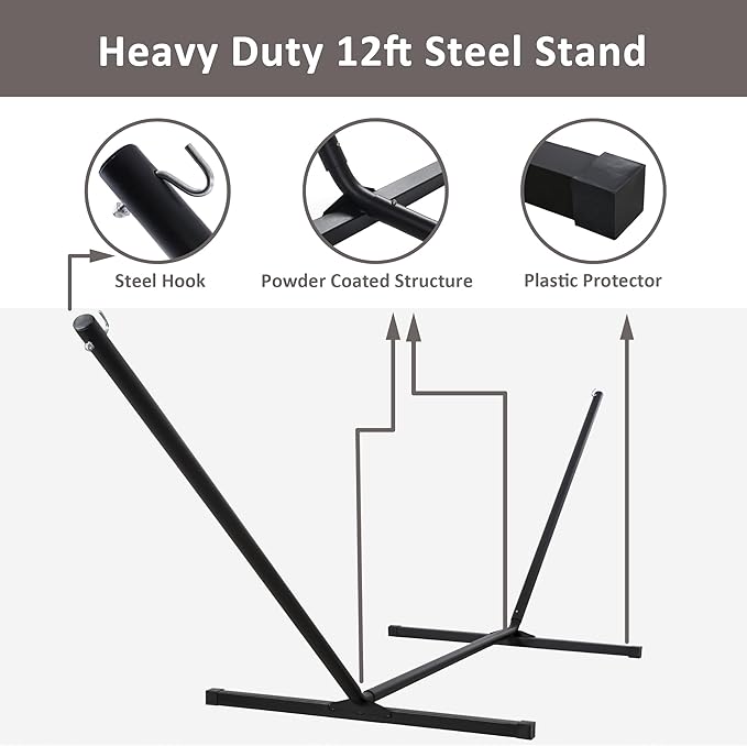 SUNCREAT Hammocks Portable Hammock with Frame, Backyard Double Hammock with Curved Spreader Bar, Brown