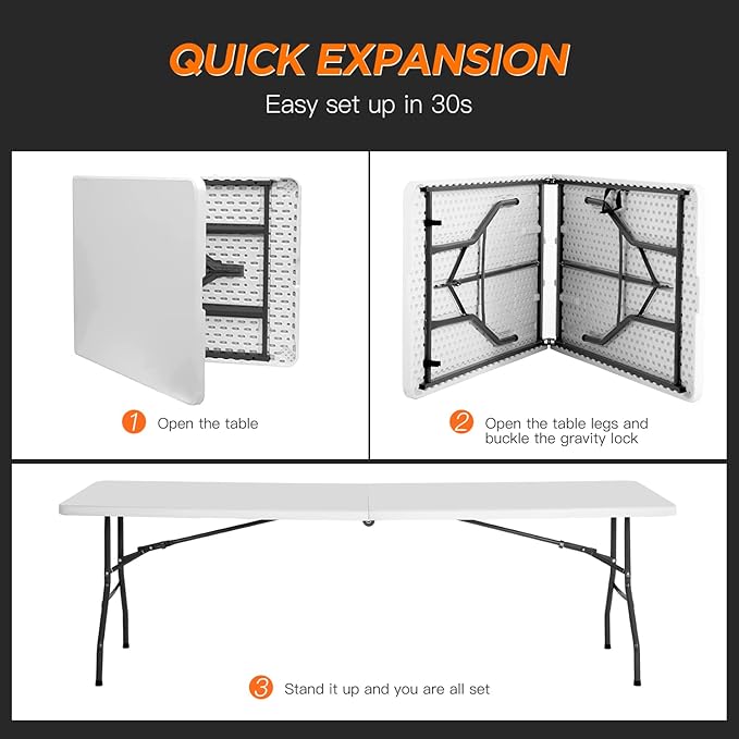 BestOffice 8FT Picnic Table Folding Table Camping Table Plastic Table Fold Up Table Lock for Party Event,White