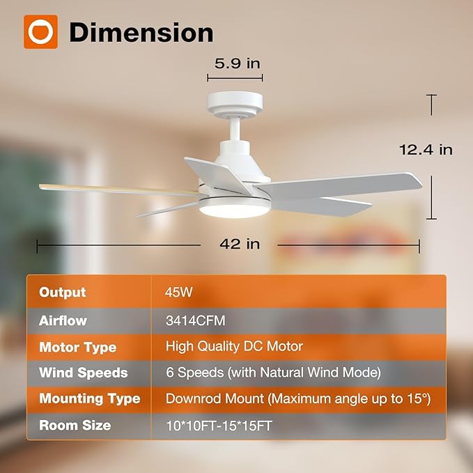 addlon Ceiling Fans with Lights, 42 inch White Ceiling fan with Light and Remote Control, Reversible, 3CCT, Dimmable, Noiseless, Small Ceiling Fan for Bedroom, Farmhouse, Indoor/Outdoor Use