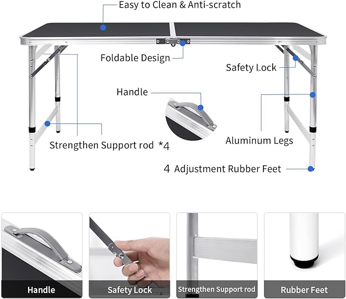 Folding Table Portable Picnic Table 4FT Camping Table Camp Table Black Aluminum Outdoor for Card BBQ 47×23.6×27/24/21 inch