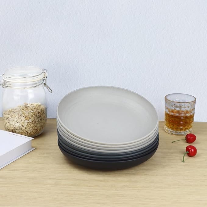 Homienly Wheat Straw Plates Set of 8, Unbreakable Kids Dinner Plates - Microwave & Dishwasher Safe (Stone Grey, 10 inch)