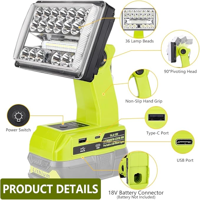 Choerinton Work Light Compatible with Ryobi 18V Battery Cordless Led Work Light Rechargeable Jobsite Light Outdoor Battery Powered Floodlight USB Charging Port for Car Repair Hiking Camp Garage