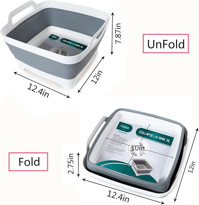 2.4 Gal(9L) Collapsible Dish Basin with Drain Plug,Space Saving Multiuse Foldable Sink Tub,Dishpan,Kitchen Sink for Camping,Plastic Tub,Vegetable Washing,Beverage Tubs