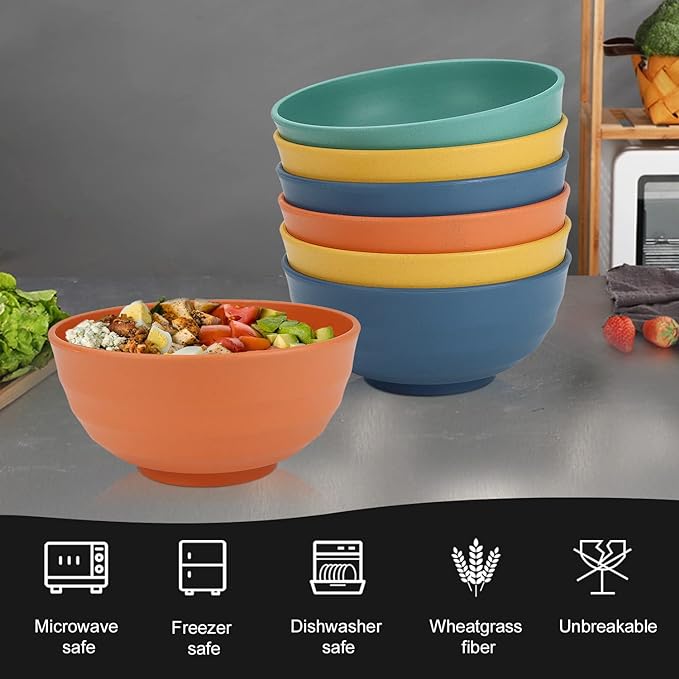 Homienly Large Salad Bowls, Large Soup Bowls Set of 8,Wheat Straw Bowls,Serving Bowl Set for Wedding Parties, 60 Oz Big Bowl for Kitchen, Salad, Soup, Microwave and Dishwasher Safe-Multi Color