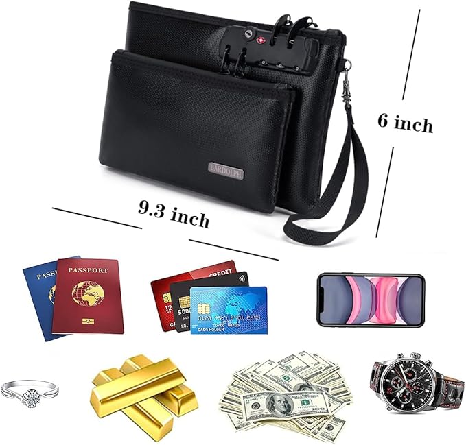 Fireproof Money Bag with Lock, Double layer Cash Bag BankBag for Cash, Valuable StorageBag,Fireproof Safe Box Money Pouch with Zipper (black, Small)