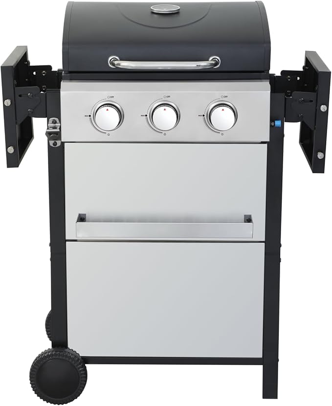 3-Burner Portable Propane Gas Grill with Stainless Steel Plancha Griddle - 25650 BTU Outdoor BBQ Grill with Foldable Side Shelves, Enamel Cooking Grids & Tool Hanging Basket