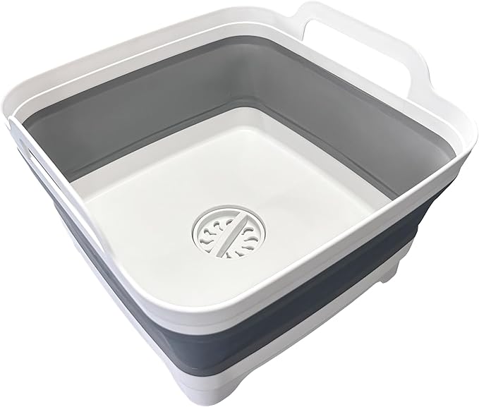 9L (2.4Gal) Dish Basin Collapsible with Drain Plug Carry Handles,Kitchen Storage Tray Dish Wash Basin, Portable Dish Tub, Foldable Dishpan for Camping,RV,Gray