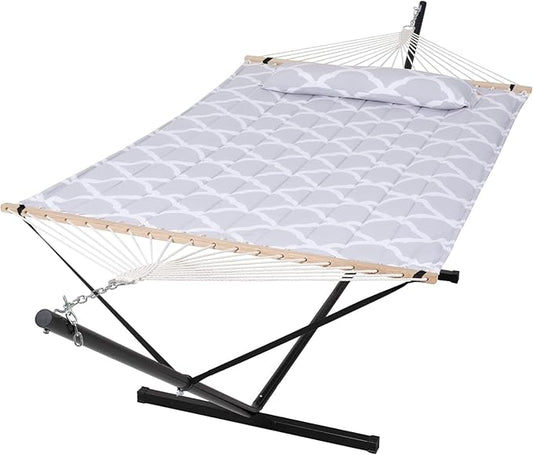SUNCREAT Double Hammock, Extra Large Quilted Fabric Swing with Hardwood Spreader Bars & Detachable Pillow, Heavy Duty, Perfect for Indoor/Outdoor Patio, Deck, Yard, Gray Cloud