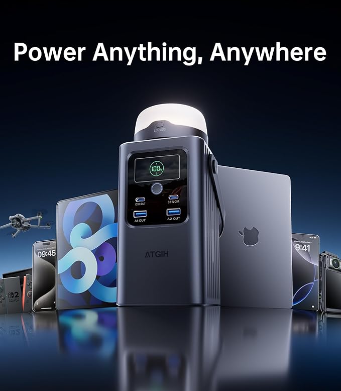 Camping Portable Power Station 198.4Wh, [4-Port Fast Charging] LiFePO4 Battery Power Bank Small Electric Generator with Detachable Light, 100W USB-C Output for Home Backup Outdoor Emergency