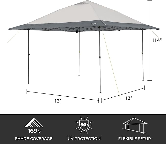 CORE 13 FT x 13 FT Instant Pop Up Canopy Tent | Portable Straight Leg Outdoor Gazebo Shelter with Wheeled Carry Bag | Perfect for Camping, Beach, Picnic, Backyards, BBQ, Tailgate, Patio and Party