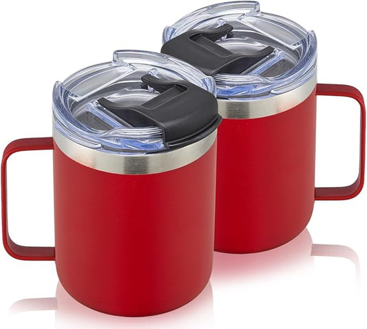 ALOUFEA 12oz Stainless Steel Insulated Coffee Mug with Handle, Double Wall Vacuum Tumbler Cup with Fliping Lid, Red, 2 Pack