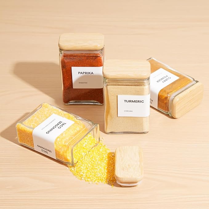 Glass Square Spice Jars with Labels, 4oz Glass Jars with Bamboo Lids, Spice Bottles, Seasoning Organizer, 12 Pack (White)