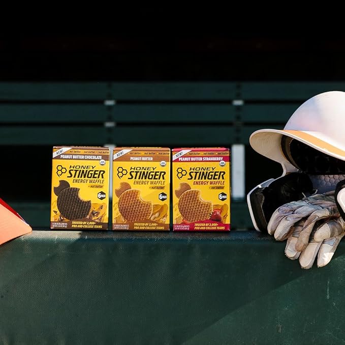 Honey Stinger Organic Peanut Butter Energy Waffle Variety Pack, 6 Pack Each of Peanut Butter, PB Chocolate and PB Strawberry, Nutritious Stroopwafel Snack for Exercise, Endurance and Performance