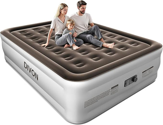 DIVON Queen Air Mattress with Built in Pump Raised, 2 Min Self Inflatable Mattress, 18’’ Blow up Mattress for Adults, 660 LBS Portable Air Bed for Guest, Camping, Travel & Floor, Brown