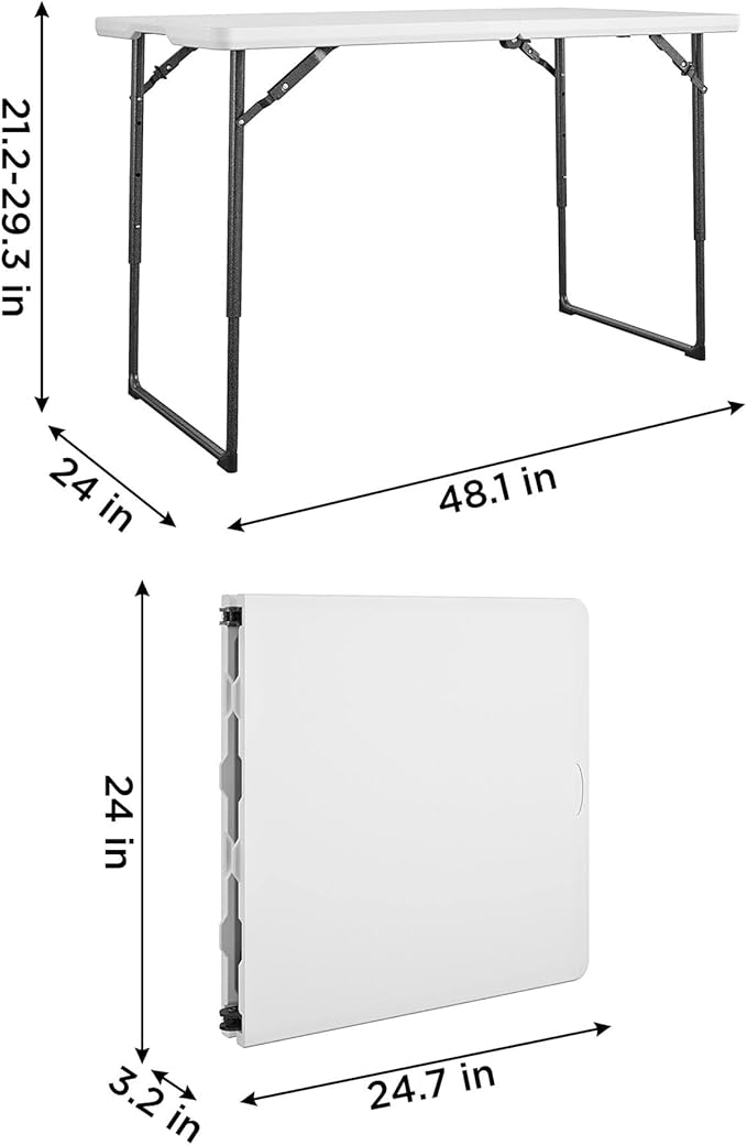 COSCO 4 ft. Centerfold Blow Mold Utility Table, Adjustable Height, White