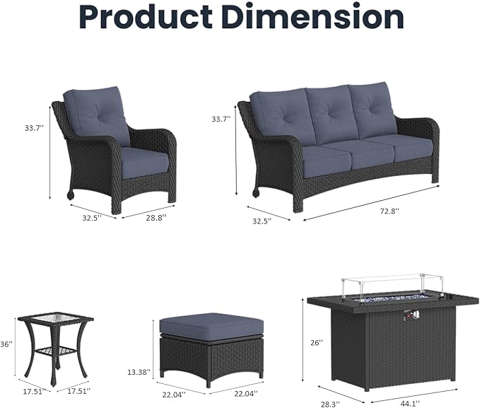 7 Pieces Outdoor Patio Furniture Sets with Single Chairs with 6-inch Thick Cushion and Fire Pit Table for Deck Lawn