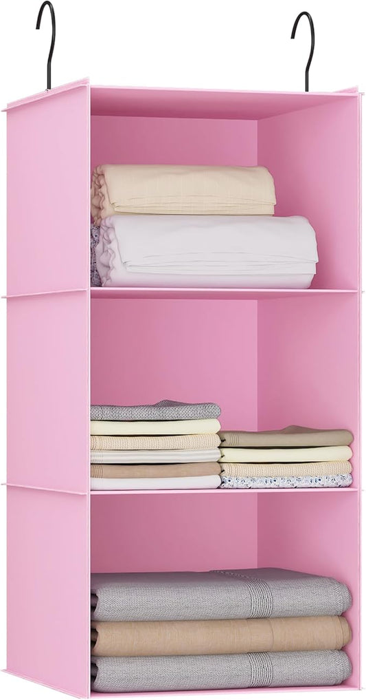 Hanging Closet Organizer and Storage 3-Shelf, Easy Mount Foldable Hanging Closet Wardrobe Storage Shelves, Clothes Handbag Shoes Accessories Storage, Washable Oxford Cloth Fabric, Pink