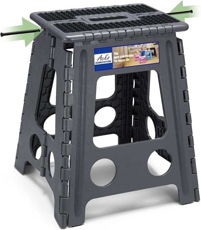 ACKO Folding Step Stool Foldable 16 Inch Stools for Adults and Kids, Plastic Stools Tall 400 lbs Capacity, Collapsible Stool for Kitchen, Stepping Foot Stool with Handle, Dot Grey, 1 PC