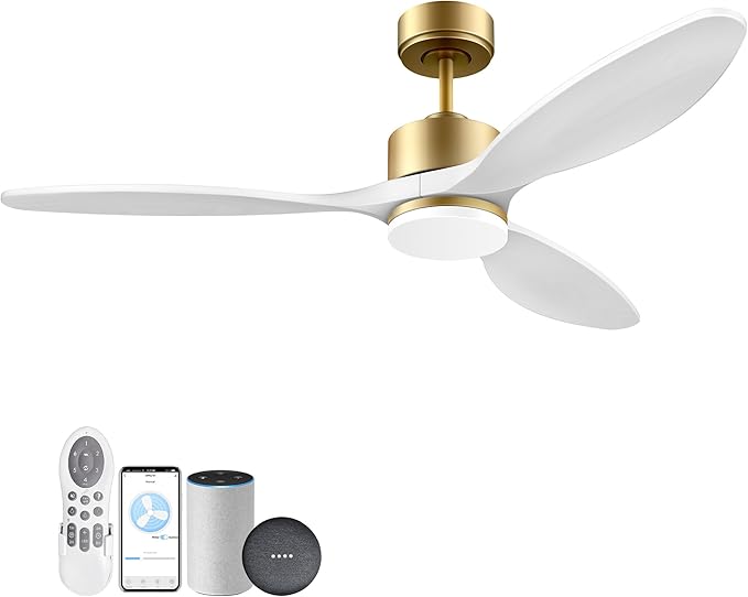 52" Wood Smart Ceiling Fans with Remote,Quiet DC Motor,Dimmable,Control with Alexa Google Voice App,Outdoor Indoor Modern Ceiling Fan for Bedroom Patio,Gold and White