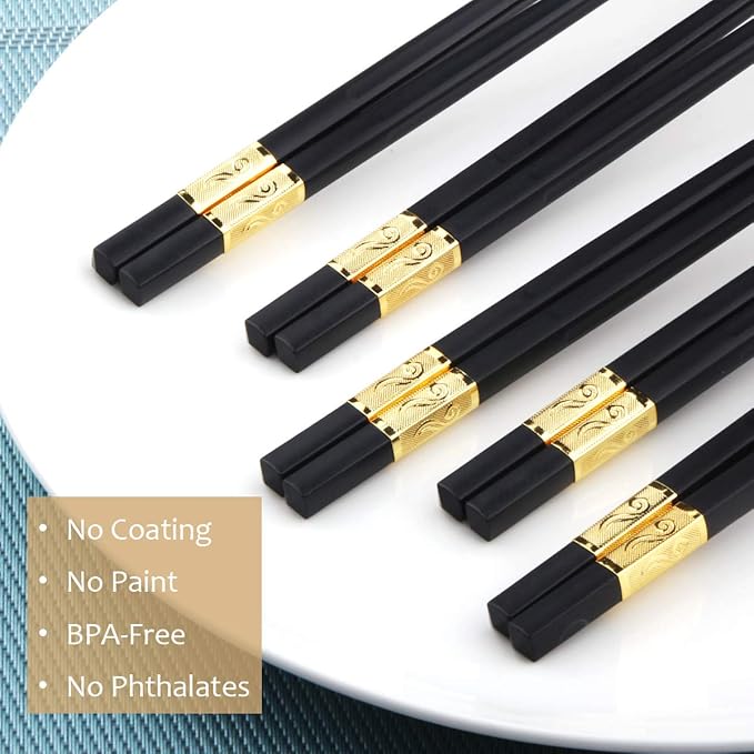 10 Pairs Fiberglass Chopsticks, GLAMFIELDS Reusable Japanese Chinese Korea Chop Sticks Dishwasher Safe, Non-slip, 9 1/2 inches Gold