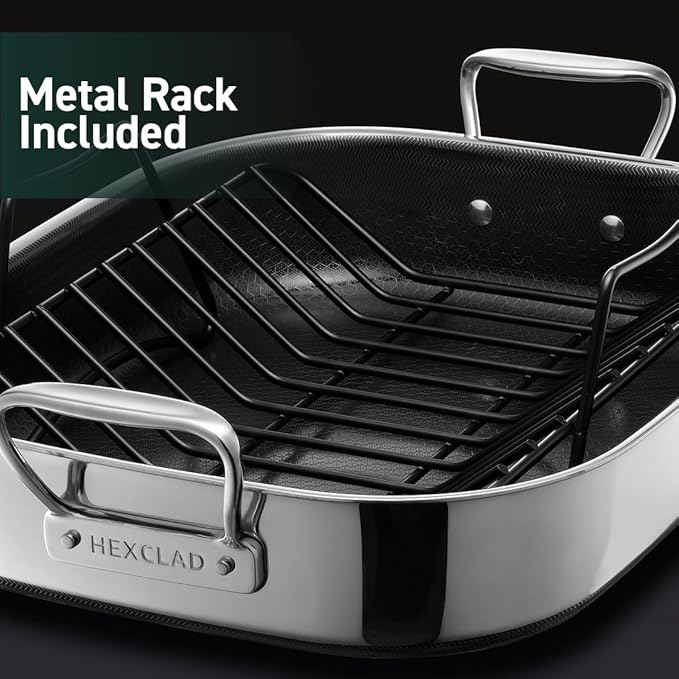 HexClad Hybrid Nonstick Small Roasting Pan with Rack, Dishwasher-Friendly, Oven-Safe Up to 900°F, Compatible with All Cooktops