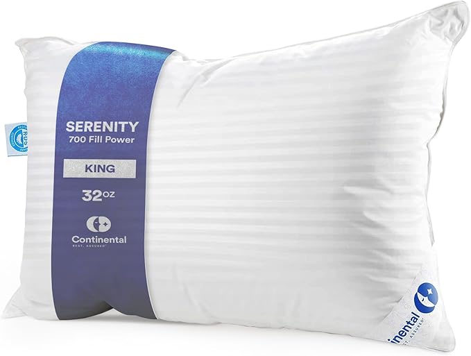 Continental Bedding | Serenity Goose Down Pillow | 700 Fill Power Hungarian White Down | 400TC Cotton Damask Shell | Made in USA | Firm, King (Pack of 1)