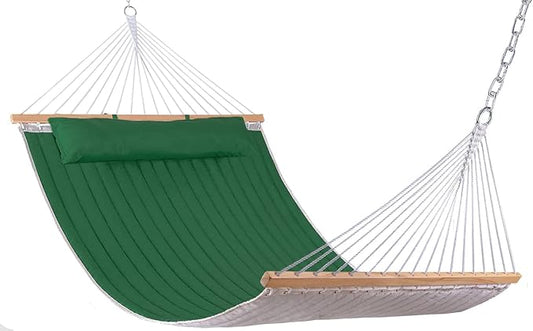 Lazy Daze Hammocks 12 FT Double Quilted Hammock with Spreader Bars and Pillow, 2 Person Hammock for Outdoor Patio Backyard Poolside, 450 LBS Weight Capacity, Dark Green/Natural