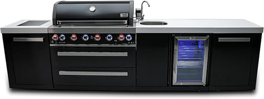 Mont Alpi MAi805-BSSBEV 6-Burner 115000 BTU Black Stainless Steel Island Outdoor Kitchen Gas Barbecue Grill with Beverage Center - Granite Countertops + Storage Drawers and Cabinets + Faucet & Sink
